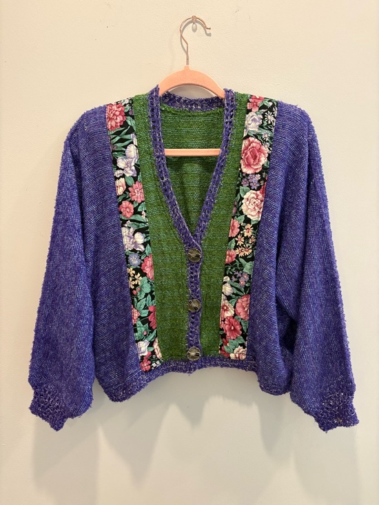 Vintage Sweaters - Vintage Purple Cardigan with Green Front and Floral Trim